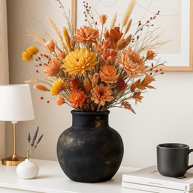 Ceramic Rustic Farmhouse Vase | 6 Inch Pottery Decorative Flower for Home Decor | Boho Vase | Terracotta for Table, Living Room, Bathroom Decoration, Shelf Decor, Mantel, Bronze