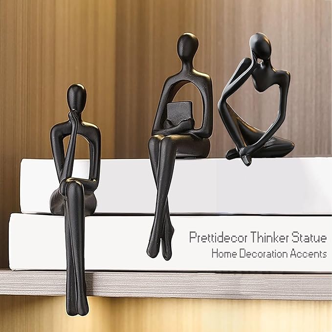 Prettidecor Gold Home Decor Thinker Statue Accents, Set of 3 Thinker Sculptures Office Decor Modern Abstract Resin Decoration on Shelf Table Desk for Living Room Office Bedroom (Black, Large)