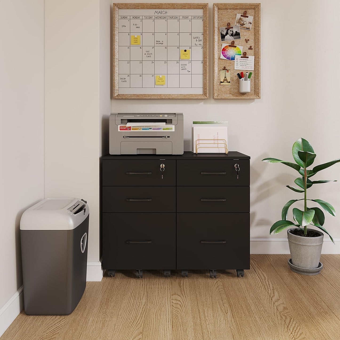 Skiennix File Cabinet - 3 Drawer Rolling Wood Storage with Lock for Home Office - Black, Fits Letter/A4 Size