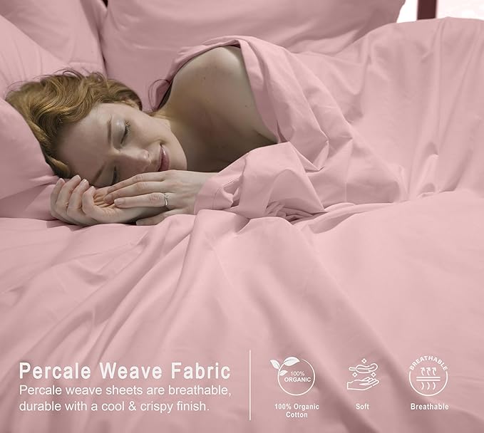 RUVANTI 100% Organic Cotton Sheets Queen Size, Percale Weave, GOTS Certified, 4-Piece Set, Deep Pocket 15", Crisp & Breathable, Soft Durable Bedding, Sábanas Algodón Orgánico –Peach Skin