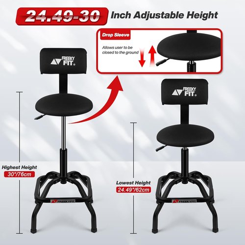 Shop Stool with Backrest by [Brand Name] - Adjustable Heavy-Duty Garage Stool | 300 LBS Capacity, 360° Swivel, Black