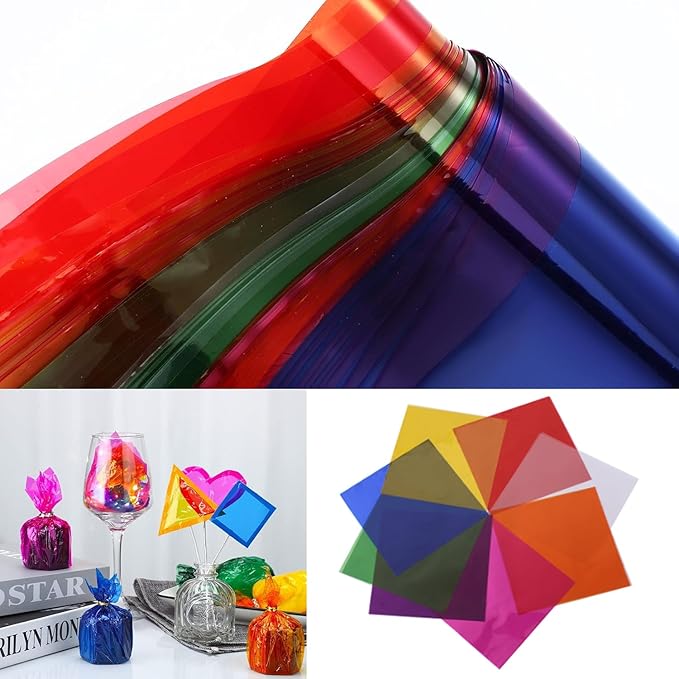 BetterJonny 240 Pcs Cellophane Sheets, 15.5X15.5cm Transparent Colored Cellophane Wrap Treat Candy Small Gifts Wrapping Colorful Plastic Sheets for DIY Arts Crafts Decorations（8-Colors