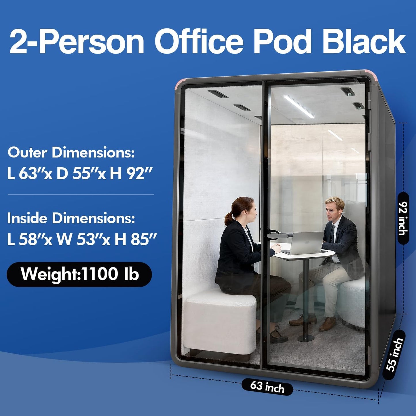 Soundproof Office Pod Booth - Black 2-Person Meeting Pod with Acoustic Panels | Portable Privacy Workspace H92in W63in D55in