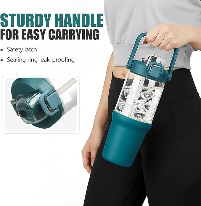 Glass Tumbler with Carry Handle, Clear Glass Water Bottle with Leakproof Lid, Spout Lid&Straw, BPA-Free, 32 oz, Peacock Blue