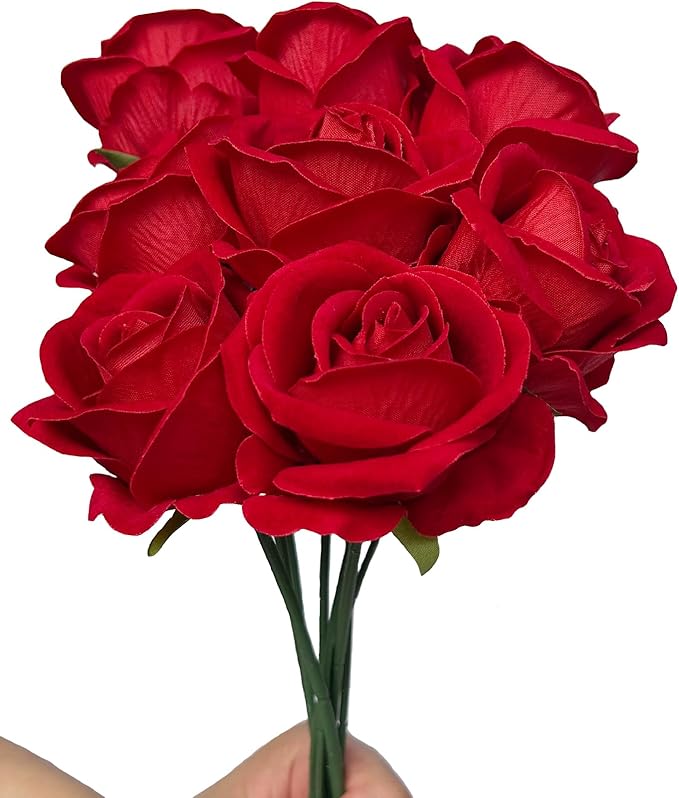 FagusHome 30 Pcs Silk Rose Artificial Flowers Roses Bulk Bouquet Fake Flowers Rose Heads with Stems for Home Wedding Decor (Red)