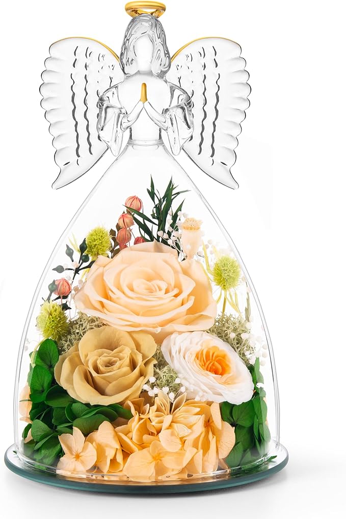 Christmas Flowers Gifts for Grandma Mom,Forever Real Roses in Angel Figurines,Christmas Roses Gifts for Women Wife Mother in Law/Champagne