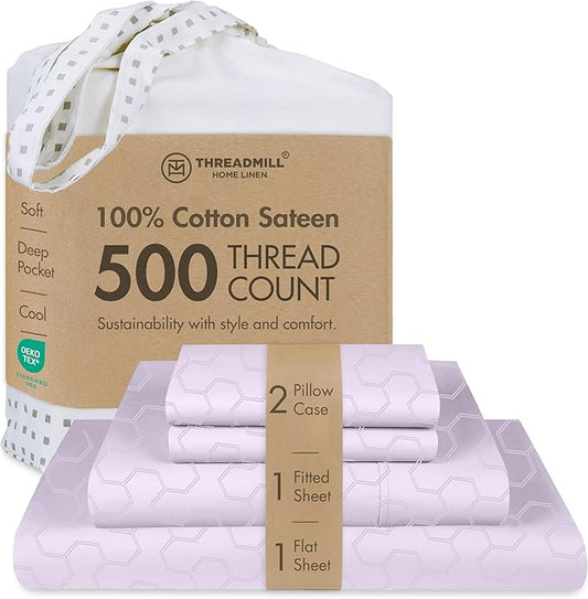 Threadmill Cotton Full Size Sheet Set | 500 Thread Count 100% Cotton Sheets for Full Size Bed | Damask Jacquard Full Bed Sheets Set 16” Deep Pocket | Soft Sateen 4-Piece Cooling Bedding Set | Lilac