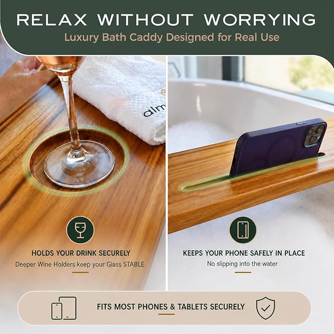 Teak Bathtub Tray for Tub 29” | Bath Tub Tray Wood for Small Tubs, Bath Tray for Tub, Bathtub Trays for Tub, Bath Table Tray for Home Spa | Fjord by JapandiSpirit