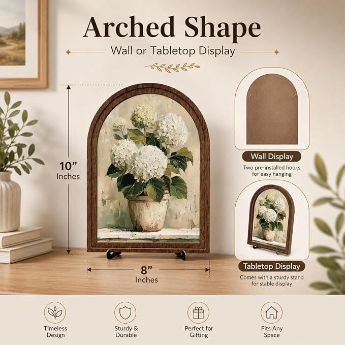Tabletop Decor White Hydrangea Sign, Arched Wooden Frame with Stand, Flower Home Retro Decorations, Farmhouse Floral Decor, Rustic Potted Flower Art for Living Room Bedroom