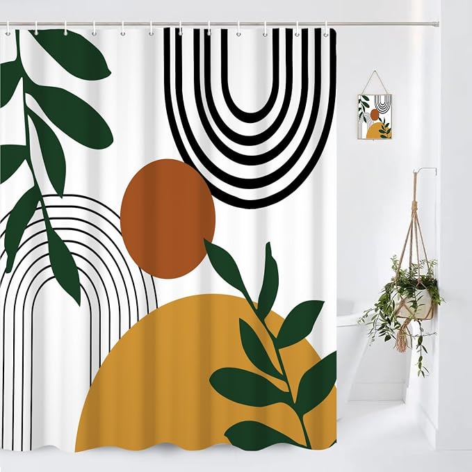 Boho Geometric Shower Curtain White Beige Mid Century Abstract Arch Curve Bathroom Curtain Minimalistic Sun Shower Curtain Sets for Bathroom Extra Long 72x96 in with 12 Hooks