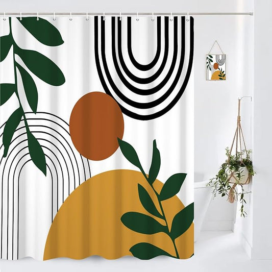 Boho Geometric Shower Curtain White Beige Mid Century Abstract Arch Curve Bathroom Curtain Minimalistic Sun Shower Curtain Sets for Bathroom Extra Long 66x72 in with 12 Hooks