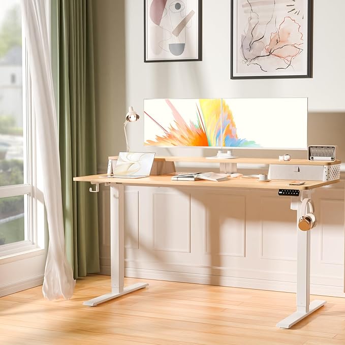 Electric Standing Desk with 2 Drawers 55''x 24'' Adjustable Height Sit to Stand Up Desk with Storage Shelf, C-Clamp Mount Compatible Home Office Desks Computer Gaming Table Ergonomic Workstation