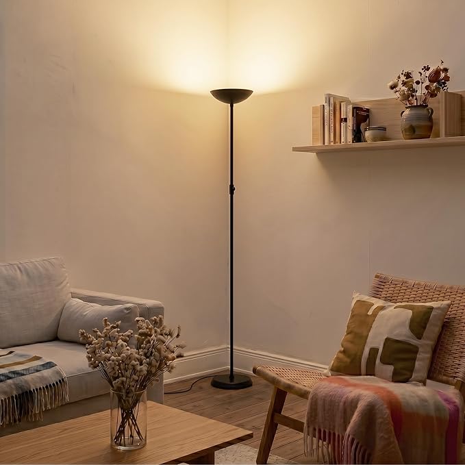 Brightech SkyLite LED Floor lamp, Torchiere Super Bright Floor Lamp for Living Rooms & Offices - 3 Way Dimmable Tall Torch Lamp, High Lumen Standing Pole Lamp for Bedroom Reading - Black