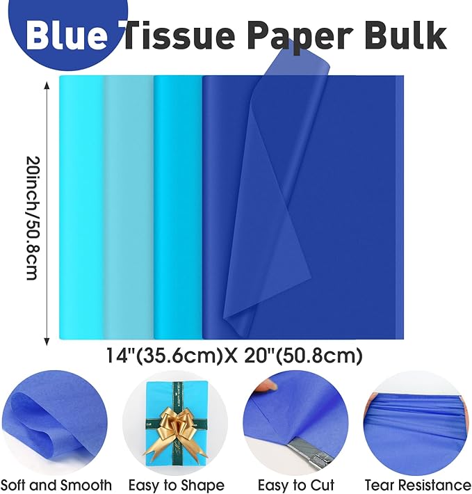 TUXIYA 200 Sheets Blue Tissue Papers for Gift Bags,14 x 20 Inch Mixed Blue Wrapping Tissue Paper Bulk for Gift Bags, Gift Wrap for Birthday Wedding Graduation DIY Crafts Holiday Flowers