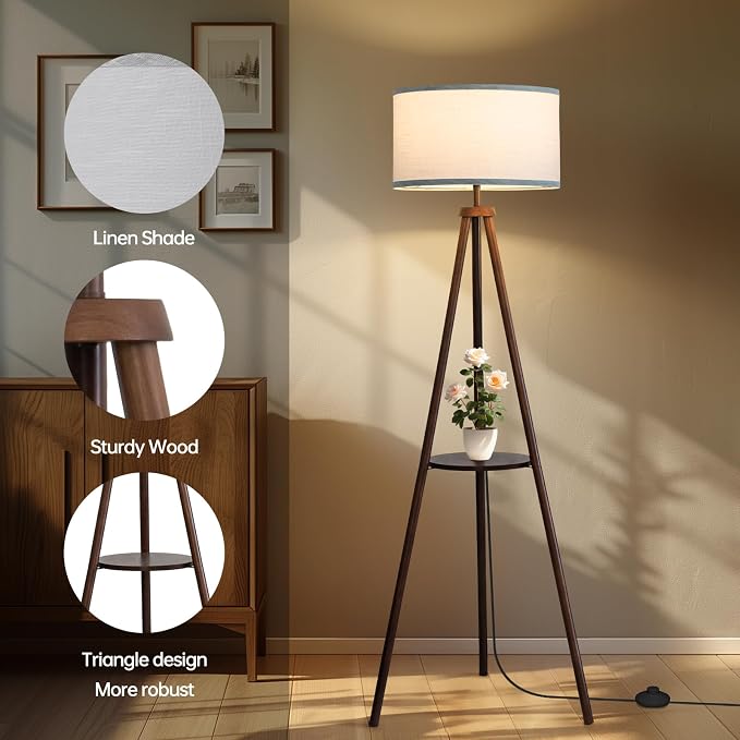 EOEYYOYB Floor Lamp with 3 Light Modes Adjustable– Wood Tripod Floor Lamp Modern LED Standing Lamps with Dimmable Brightness, Perfect for Living Room, Bedroom, and Office, Juglans Nigra