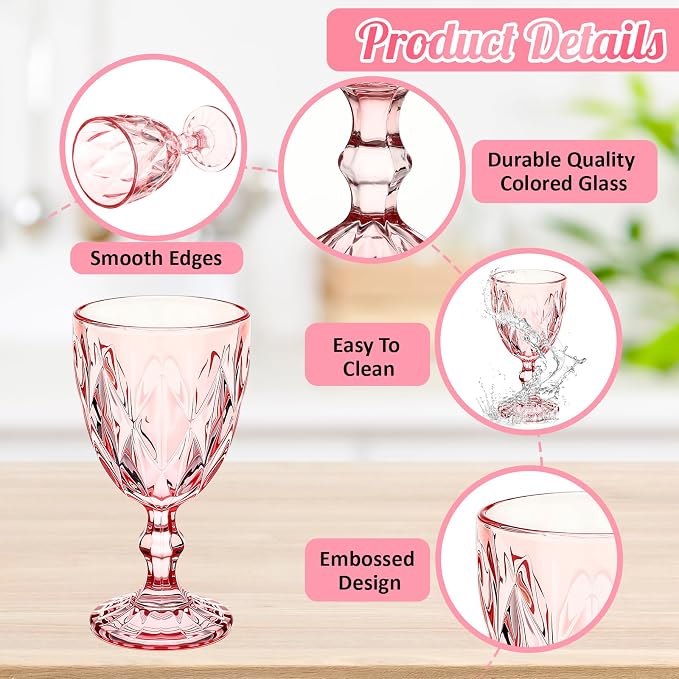 Yinder Glass Goblet Vintage Wine Goblet Embossed Glassware 10 oz Solid Color Glass Stemmed Cups for Iced Tea Beverage Soda Juice Water Liquor and Party Wedding Bars Restaurants(Pink,6 Pack)