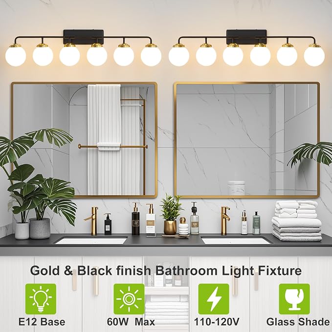 Black Gold Bathroom Light Fixtures Over Mirror, Modern Vanity Lighting with Milk White Glass Globe Shades 6-Light Farmhouse Wall Sconce