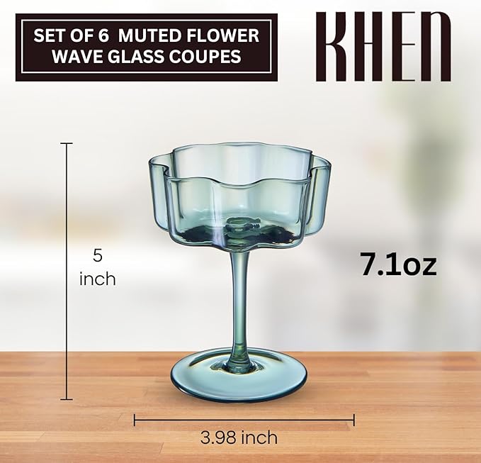 Flower Scalloped Vintage Wavy Petals Wave Glass Coupes 7oz Colorful Martini, Champagne & Cocktails, 6 Set Muted Pastel Shades Rippled Champagne Glasses, Elegant Bar Glassware, Aesthetic Cute Coupe