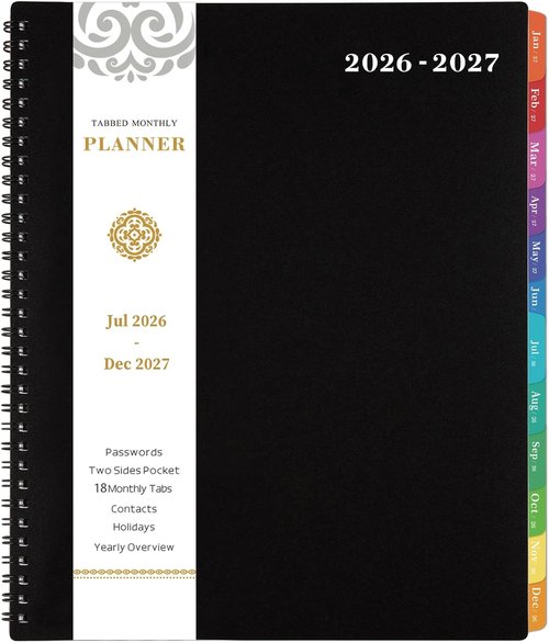 Monthly Planner 2026-2027 | 18-Month Calendar with Contacts & Passwords - 8.5" x 11", Colorful Tabs, Thick Paper