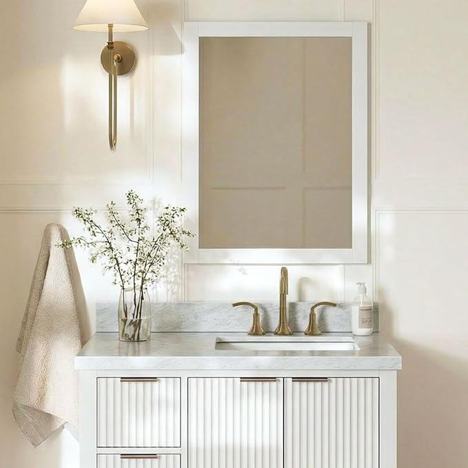 ARIEL Rectangular Wooden Mirror 24" x 32" in White, Flexible Horizontal/Vertical Hanging for Bathroom, Vanity, Entryway & Living Room Decor, Farmhouse Style