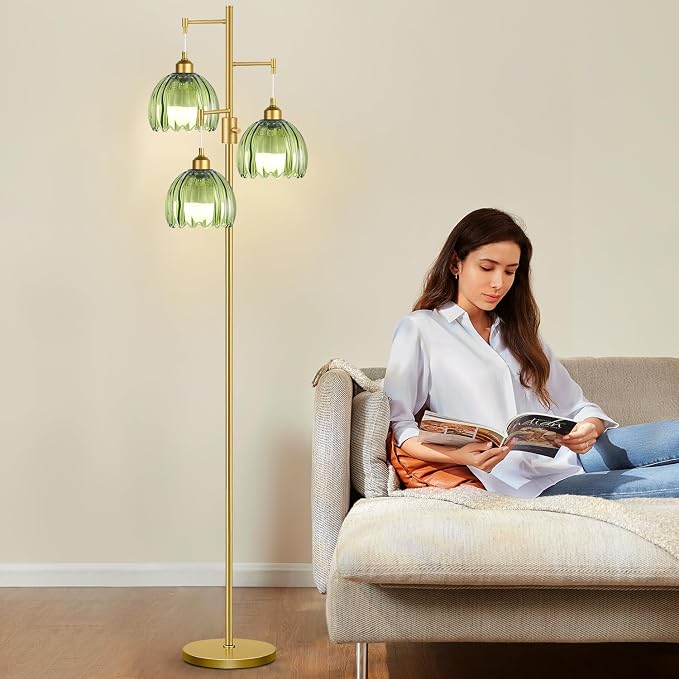 ZECOXOL Dimmable Floor Lamps for Living Room-3 Light Gold Floor Lamp with Three Bulbs & Glass Lampshape, Mid Century Modern Standing Lamp Tree Tall Flower Floor Lamp for Bedroom Living Room,Corner