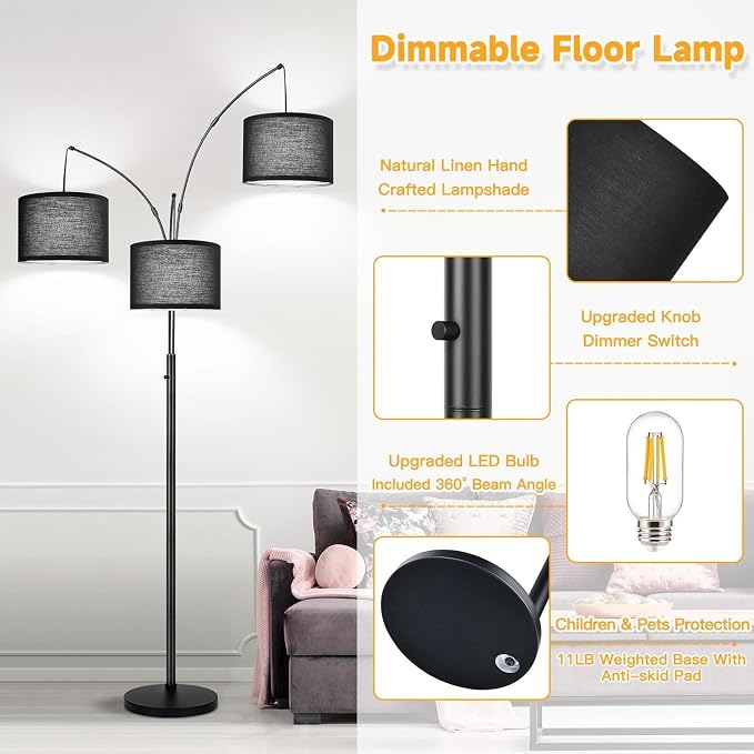 Dimmable Floor Lamp, 3 Light Arc Floor Lamp, Modern Tall Standing Tree Lamp with Black Shades & Heavy Base, 3000LM Cool White LED Bulbs, Bright Lighting for Living Room, Bedroom, Office & Reading