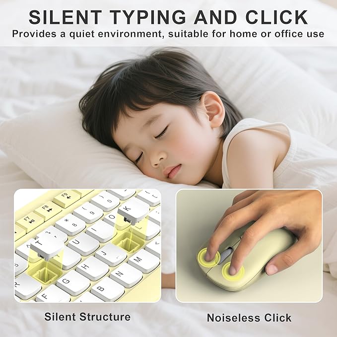 Wireless Keyboard and Mouse Combo, Full-Sized Wireless Keyboard and Adjustable DPI Mouse, 2.4GHz USB Receiver, Silent Keyboard and Mouse for PC, Windows, MAC, Desktop, Laptop (Canary Yellow-B)