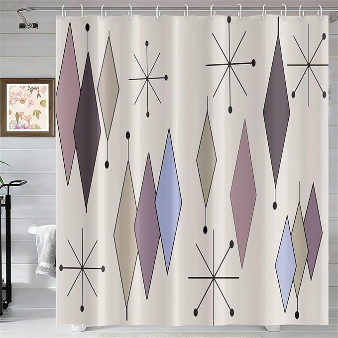 Mid Century Shower Curtain Abstract Purple Diamond Geometric Atomic Starburst Pattern Beige Backdrop for 1950s Retro Bathroom Decor Accessories Shower Curtain Set with 12 Hooks, 48x72 Inches