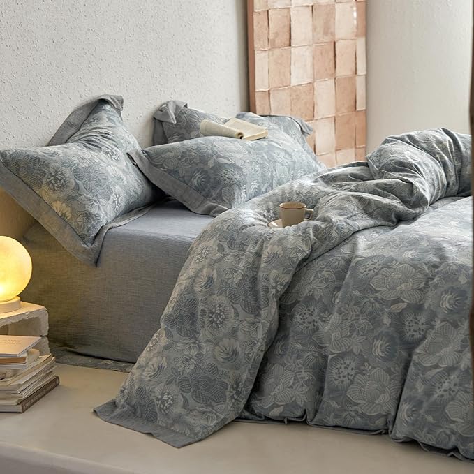 Vintage Grey Duvet Cover Queen 3 Pieces Exquisite Jacquard Flower Bedding Set Queen Yarn-Dyed Cotton Linen Duvet Cover Chic Flower Botanical Comforter Cover Farmhouse Bedding Set Breathable Soft