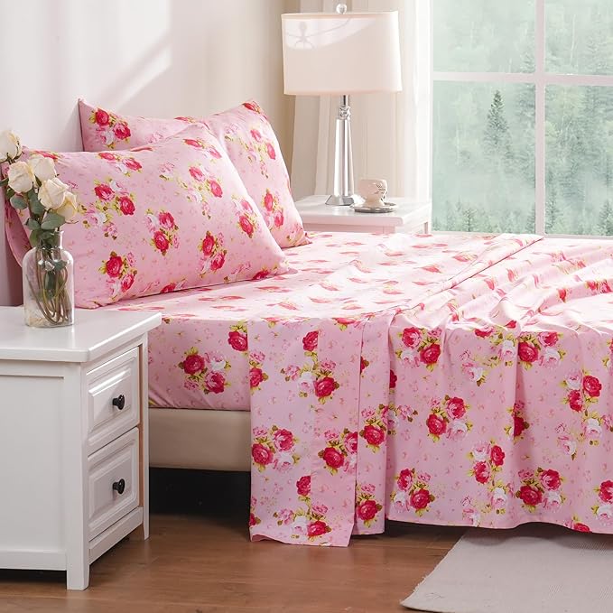 Bedlifes King Sheet Set Ultra Soft, Breathable, Silky Flower Deep Pocket 100% Microfiber Bedding, 4 Piece King Size Pink Floral(Red Rose)