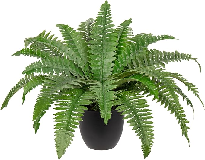 Hollyone 17.7" Fake Fern Potted Plant Small Artificial Boston Ferns in Pot 25 Leaves for Outdoors & Indoor Faux Fern Bush Plant for Patio Garden Farmhouse Windowsill Office Living Room Home Decor