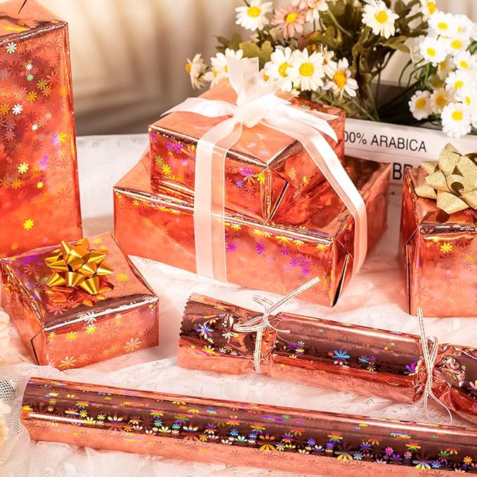 Yarcony Rose Gold Wrapping Paper Roll, Holographic Floral Gift Wrapping Paper - 17 Inch x 33 Feet - Shiny Iridescent Flower Design Thick Gift Wrap for Girl Birthday, Wedding, Mother's Day, Christmas