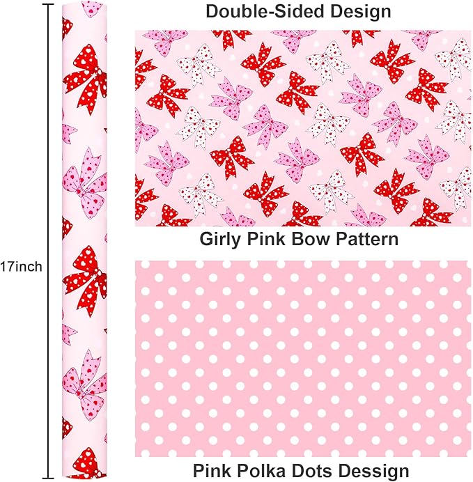 Yarcony Reversible Pink Wrapping Paper Roll for Girl Women, Cute Pink Coquette Bow Design Girly Gift Wrap for Birthday, Wedding,Valentine's Day, Christmas, Baby Shower, Party(17 Inch X 33 Feet)