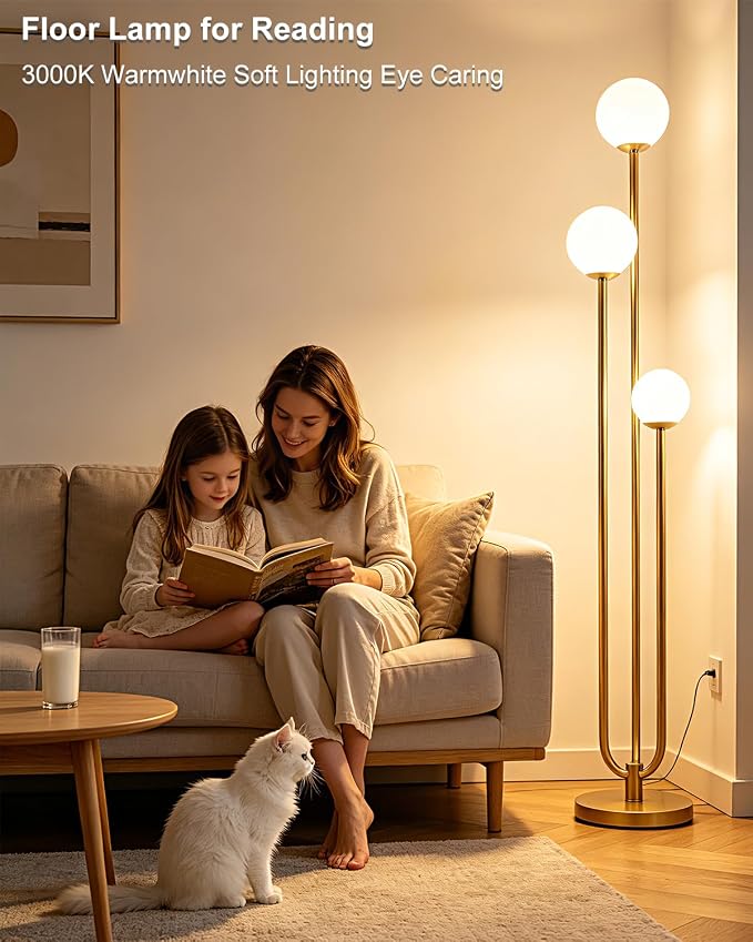 63IN 3-Light Dimmable Floor Lamp, Unique Gold Tall Standing Lamps with 3000K G9 Bulbs for Reading, Mid Century Modern Floor Lamp with 5Lbs Heavy Base for Living Room Bedroom Home Office