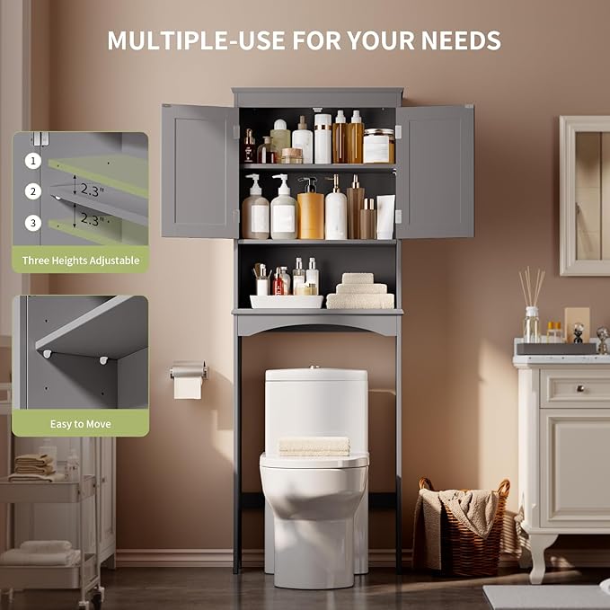 Gizoon Over The Toilet Storage Cabinet with Adjustable Shelf and Double Doors, Bathroom Space Saver Organizer Above Toilet with Open Shelf, Taller Wooden Free Standing Toilet Rack -Grey