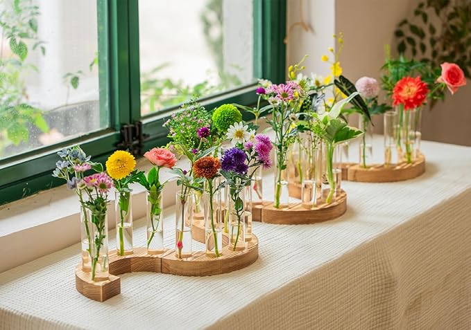 Melphoe Glass Bud Vases Small Flower Vase for Centerpieces Wedding Table Decorations, Home Decor, Propagation Station Plant Terrarium with Wooden Stand, Unique Plant Lover Gifts for Women (Brown)