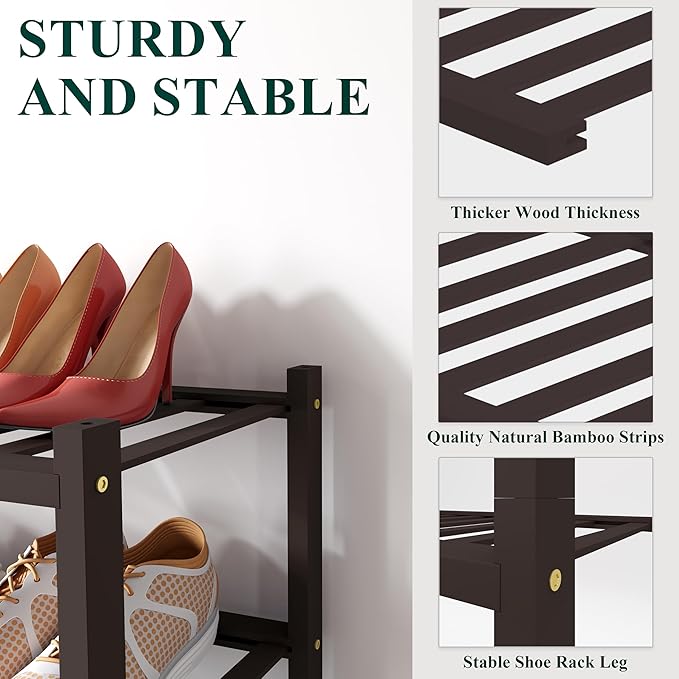 Smiry Bamboo Shoe Rack for Closet, 6 Tier Small Wooden Stackable Shoe Organizer, Free Standing Shoes Storage Shelf for Entryway, Front Door Entrance, Brown