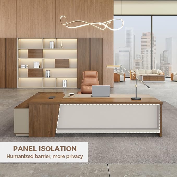 Modern L Shape Executive Desk with Drawers and Lockable Storage Cabinet, Large Executive Office Desk with Cable Management (Champagne Wood Grain+Beige/Right,79" L*63" W*30" H)