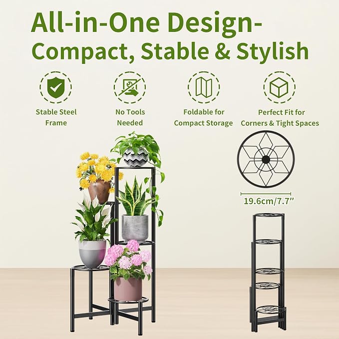 Plant Stand 5 Tier Indoor Metal Flower Shelf for Multiple Plants Corner Tall Flower Holders for Patio Garden Living Room Balcony Bedroom Black Diamond