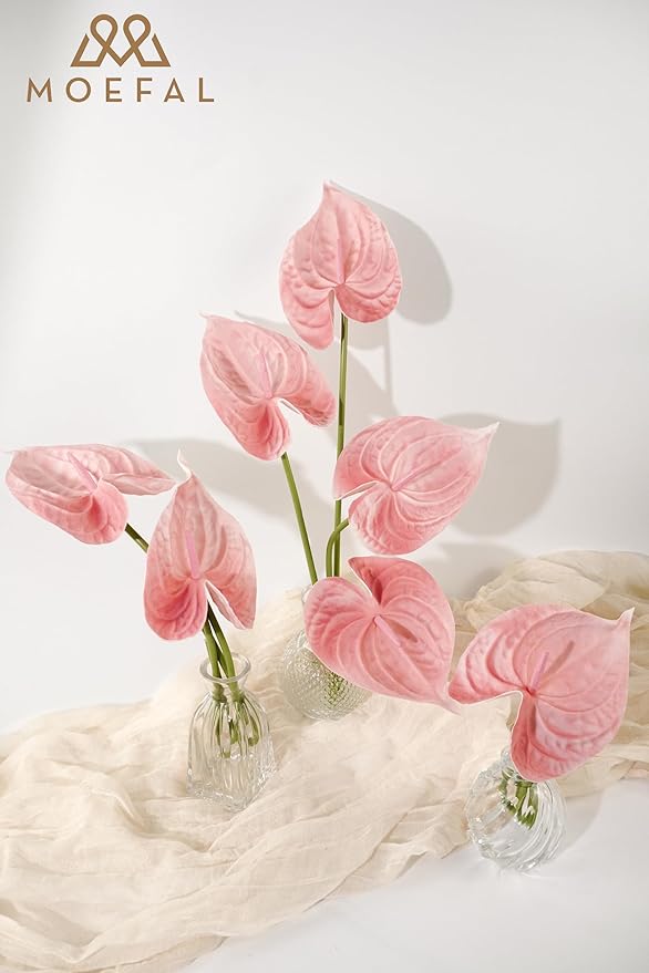 Real Touch Anthurium Artificial Flowers, 8pcs Shabby Blush Faux Pink Flowers with Stems for Tropical Wedding Bouquets, Romantic Centerpieces & Bridal Shower Party Decoration