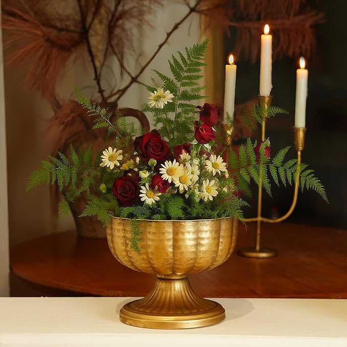 Retro Gold Vases for Centerpieces Set of 8 Brass Metal Vases for Flowers Decorative Pedestal Bowl for Table Centerpieces Floral Arrangments on Housewarming Wedding Party