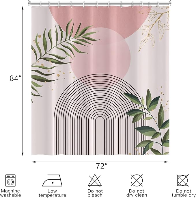 Boho Mid Century Shower Curtain, Pink Modern Minimalist Abstract Geometric Green Gold Plant Leaves Sun Arch Bathroom Curtains Waterproof Fabric Buthtub Curtain Set with Hooks 72" Wx84 L