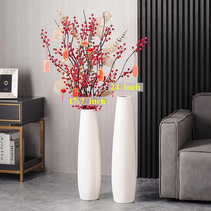 White Ceramic Floor Vase 24 Inches Tall Flower Holder Decorative Large Vases for Table Centerpieces Shelf Home Decor Living Room Branches Sky-Dried Flower Arrangement Simple Decorative
