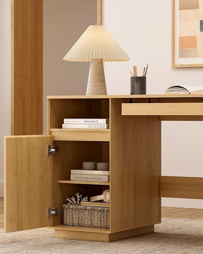Farmhouse Executive Desk with File Drawer 59" Large Computer Desk Home Office Desk with Charging Station, Keyboard Tray, Storage Cabinet Modern Workspace for Study, Writing, Nautral Oak