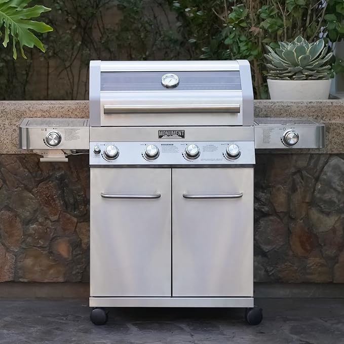 Monument Grills Larger 4-Burner Propane Gas Grills Stainless Steel Cabinet Style with Infrared Side Sear & Side Burners Knob Controls Built-In Thermometer with Stainless Steel Rotisserie Kit(2 Items)