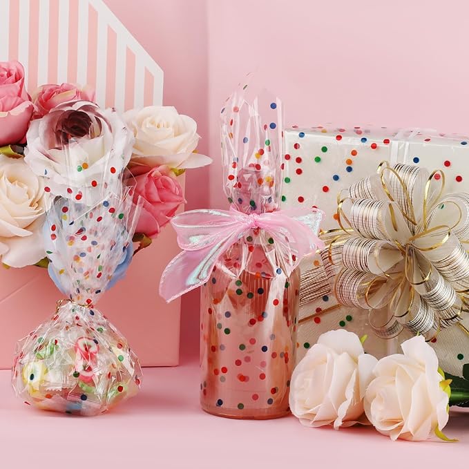 Clear Cellophane Wrap Roll, 100 Ft x 34 In Colourful Dot Florist Paper Wrapper, Transparent 3Mil Thicker Cellophane Roll, Gift Baskets Wrap Cellophane Film for Gifts, Flowers, Christmas Wrapping