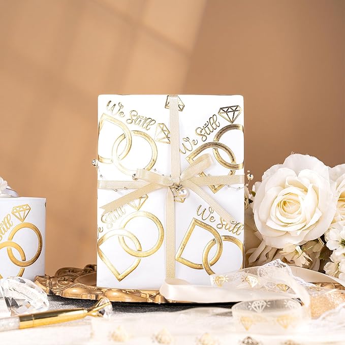 RUSPEPA Anniversary Wrapping Paper Roll, Mini Roll, Gold Foil We Still Do Design with Wedding Ring, Elegant Gift Wrap for Wedding, Anniversary, Engagement, Bridal Shower, 17 Inches x 16.4 Feet