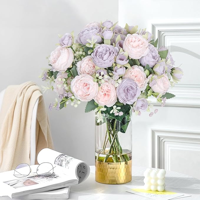 SOMYTING Peonies Artificial Flowers, Fake Flowers Purple Peonies Faux Flowers Vintage Artificial Silk Flower Peonies Bouquets Floral Arrangements Home Wedding Party Table Decor (Pink Purple, 2PCS)