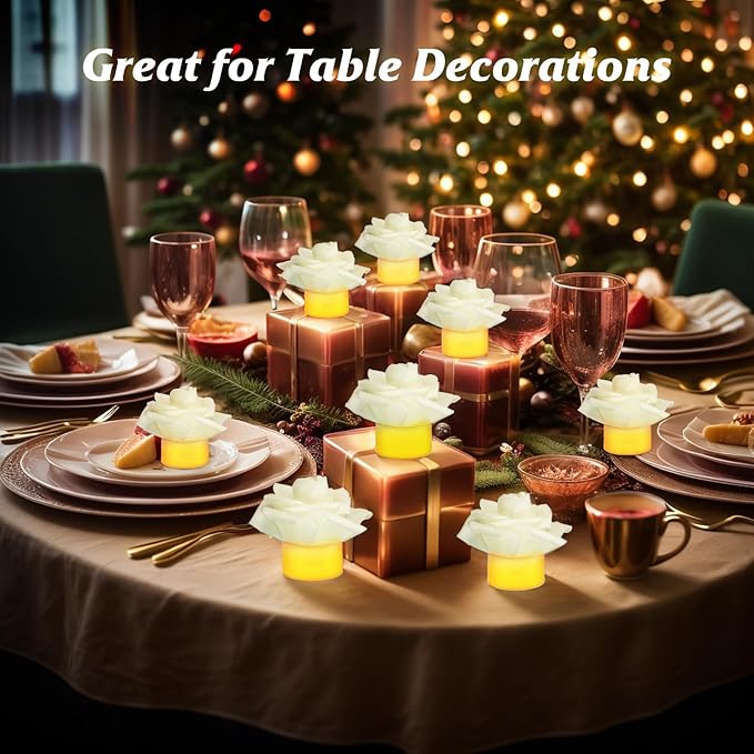 12 Pack Led Candles with Artificial Flowers, 200+Hour Battery Operated Tea Lights Candles for Centerpiece Table, Party, Wedding Decorations(White)