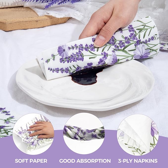 Homlouue Purple Lavender Floral Napkins, 100PCS 3 Ply Guest Towels Disposable Bathroom, Floral Paper Napkins Disposable, Flower Paper Napkins Decorative for Spring Summer Fall Party Decorations